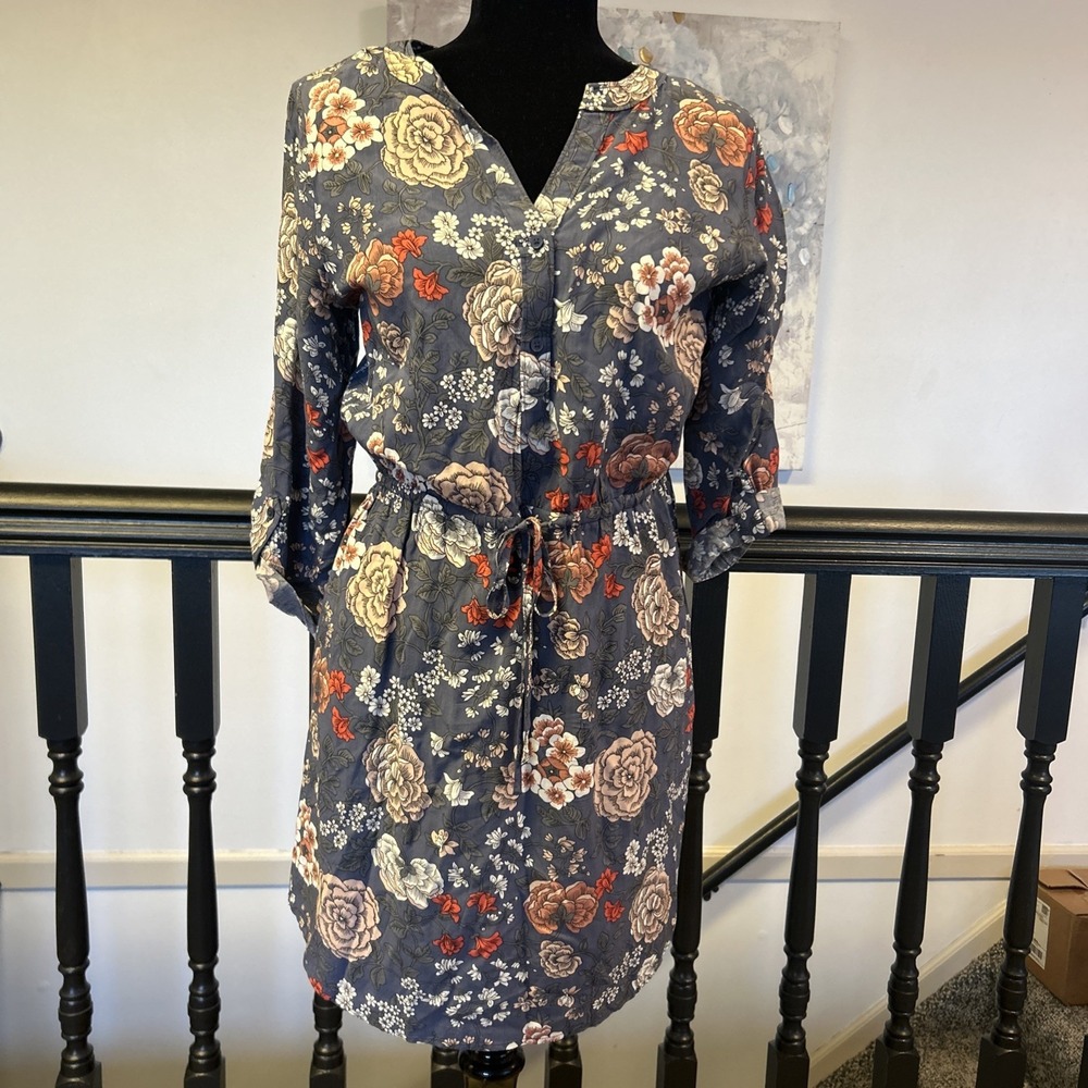 LOFT Gray Dress Wildflower Floral Print Womens Sz MP Shirt Dress W/ pockets